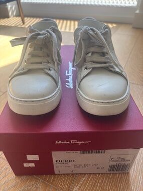 Salvatore Ferragamo White Flat Sneaker (Pierre/Gancini) Black Detail 37 (7US)